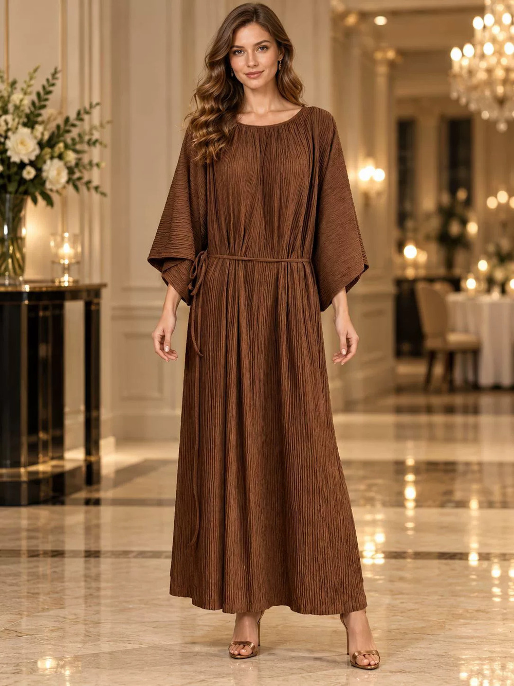 ZARA Loose Retro Suede Evening Dress Three Quarter Sleeve Waist Tie Vacation